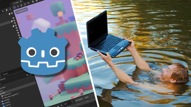 Godot 引擎 logo 叠加编辑器截图,下方一名开发者抱着笔记本电脑在水中挣扎,象征维护者被 AI 生成 PR 淹没。