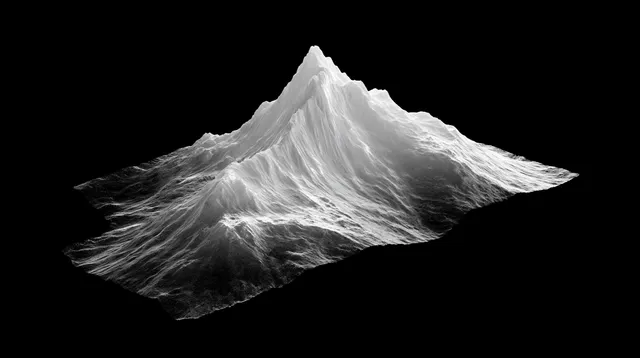 黑色背景上从平面地形升起的锯齿状山峰3D渲染图,象征只有极少数企业能够跨越AI规模化的障碍