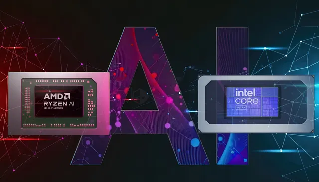 AMD Ryzen AI 与 Intel Core Ultra 芯片展示图，中央为 AI 字样，背景为数字网络