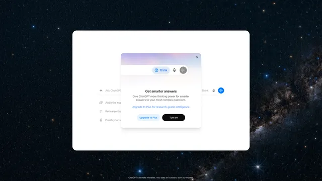 ChatGPT Free界面展示Think按钮和升级Plus选项