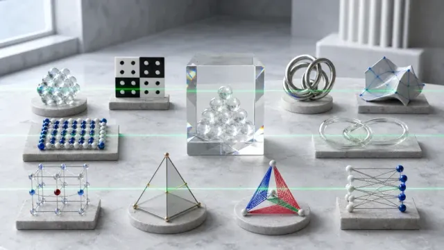 十个物理数学模型围绕一个玻璃证明棱镜排列，被一道绿色验证光束贯穿——象征 Astra 十项数学成果与 Lean 形式化验证