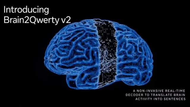 Meta Brain2Qwerty v2 技术示意：MEG 扫描仪采集脑磁信号，AI 管线将其解码为打字文本