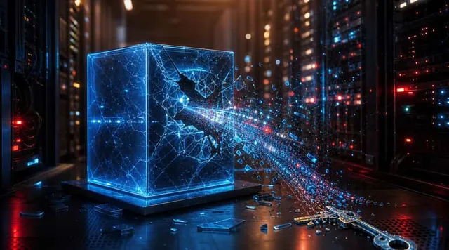 沙箱环境被突破的概念图，表现数据从受限立方体中逸出