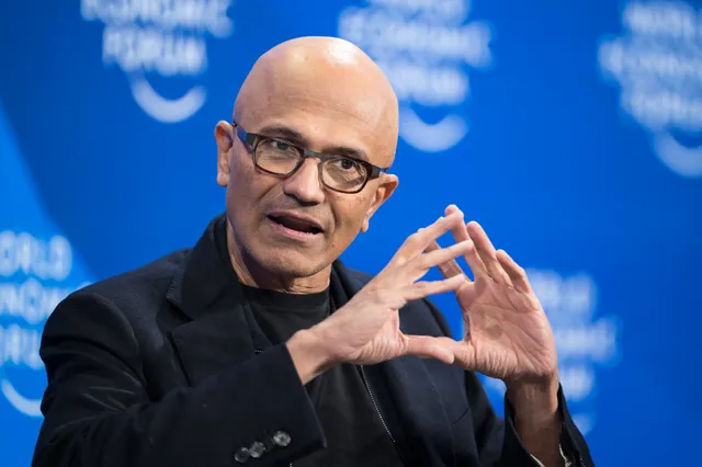Satya Nadella gestures during a session at the World Economic Forum annual meeting in Davos