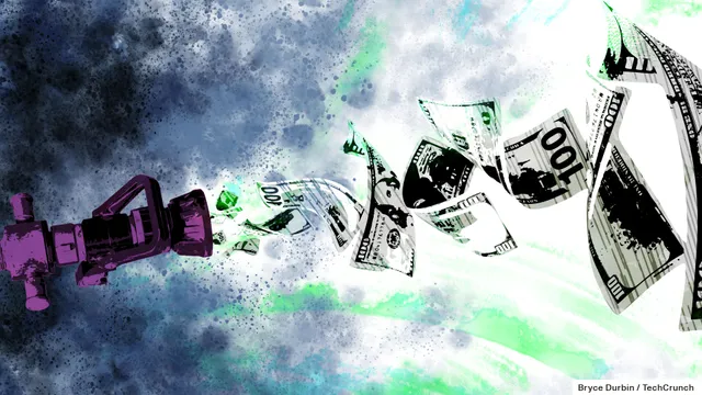 Illustration of money emerging from a firehose, representing massive AI startup funding