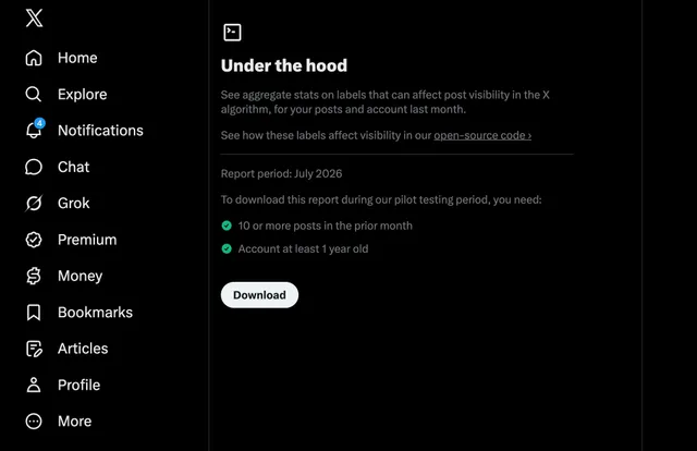 X 应用设置中的 Under the Hood 透明度工具截图，展示可下载账户与帖子排序标签 JSON 数据的功能