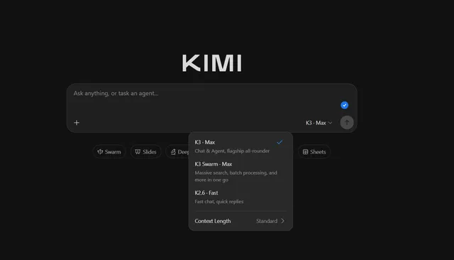 Kimi 产品界面示意图，展示 Moonshot AI 的 Kimi 模型入口与能力选项