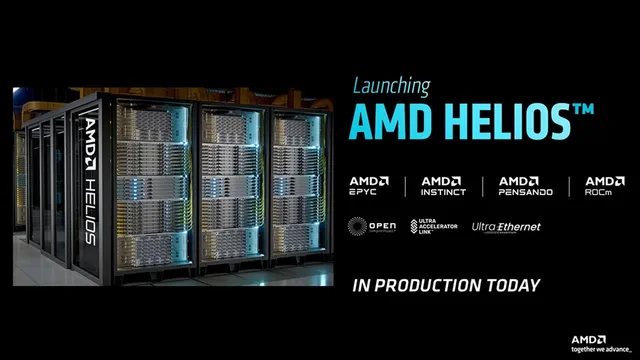 AMD Helios 机架级 AI 系统发布图,左侧展示服务器机架,右侧标注「Launching AMD Helios」与「In Production Today」。