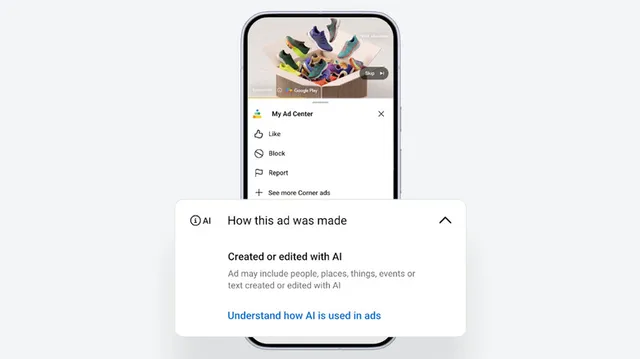 智能手机屏幕上显示 Google My Ad Center 面板,其中标注了广告是否由 AI 生成