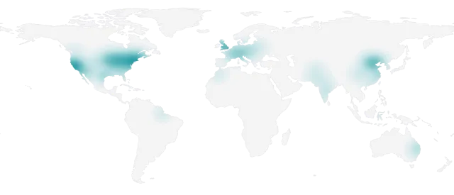 世界地图，显示 Terminal-Bench-Science 提案与实现作者的全球地理分布